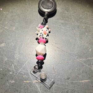 Pink & White Cow Beaded Badge Reel - Unbranded